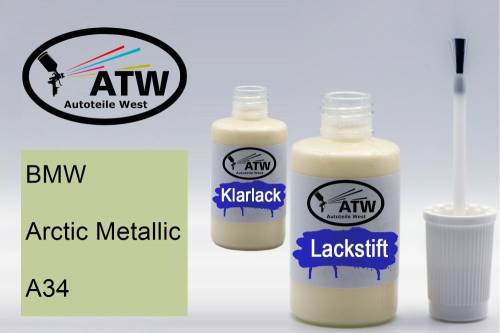 BMW, Arctic Metallic, A34: 20ml Lackstift + 20ml Klarlack - Set, von ATW Autoteile West.